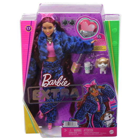 Barbie Doll and Accessories, Barbie Extra Fashion Doll with Burgundy Braids and Furry Jacket, Pet Puppy