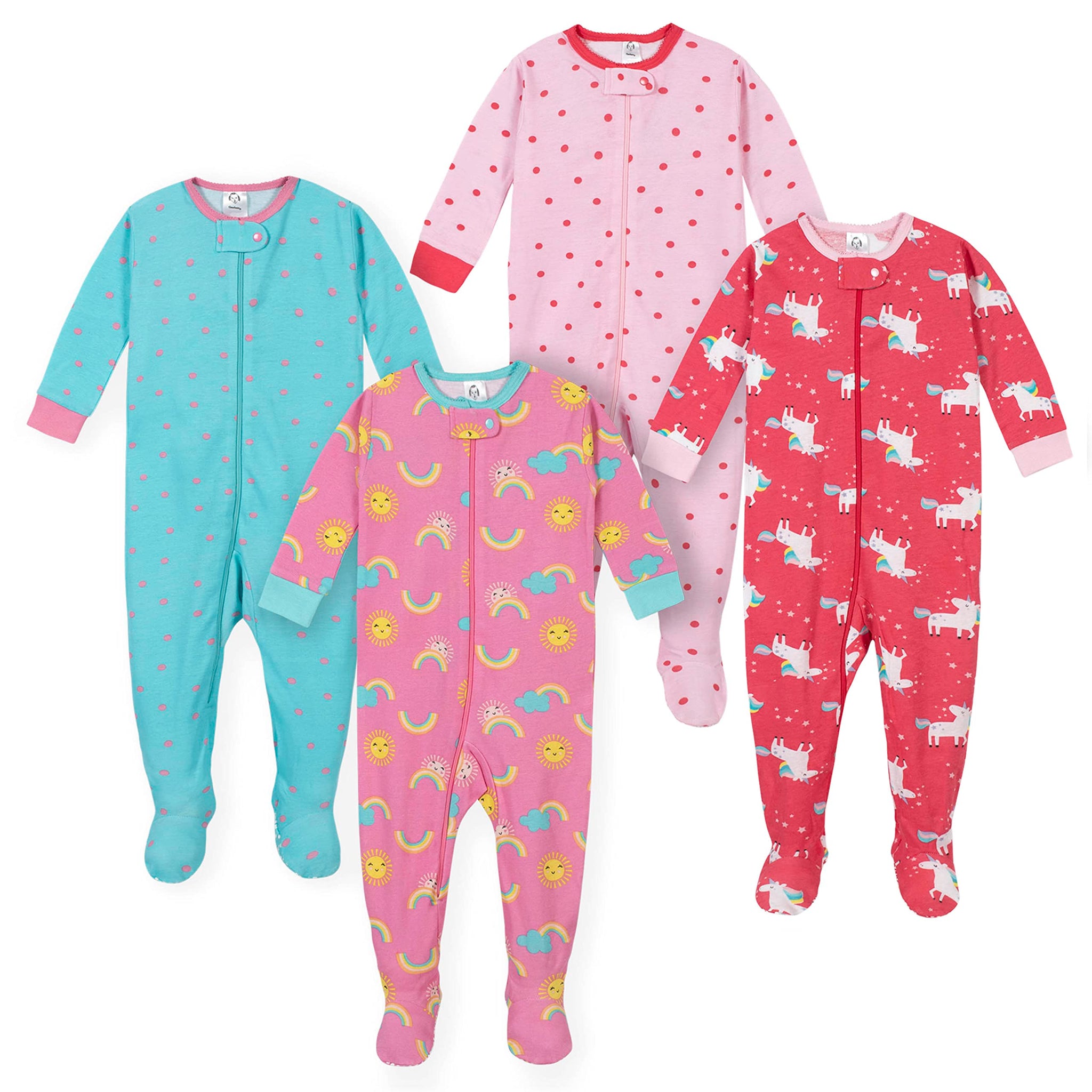 Gerber Baby 4-Pack Baby Girls Unicorn and Sunshine Snug Fit Footed Unionsuit Pajamas