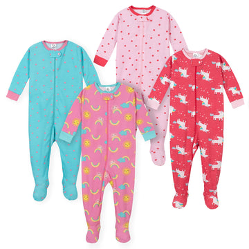 Gerber Baby 4-Pack Baby Girls Unicorn and Sunshine Snug Fit Footed Unionsuit Pajamas