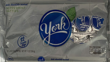 York Dark Chocolate Covered Peppermint Patties, one pack of 12 snack size .6 oz. patties