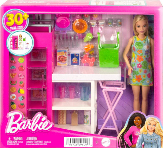 Barbie Doll and Ultimate Pantry Playset, Kitchen Add-On with 25+ Pieces, Doll House Furniture, Food-Themed Sticker Sheet