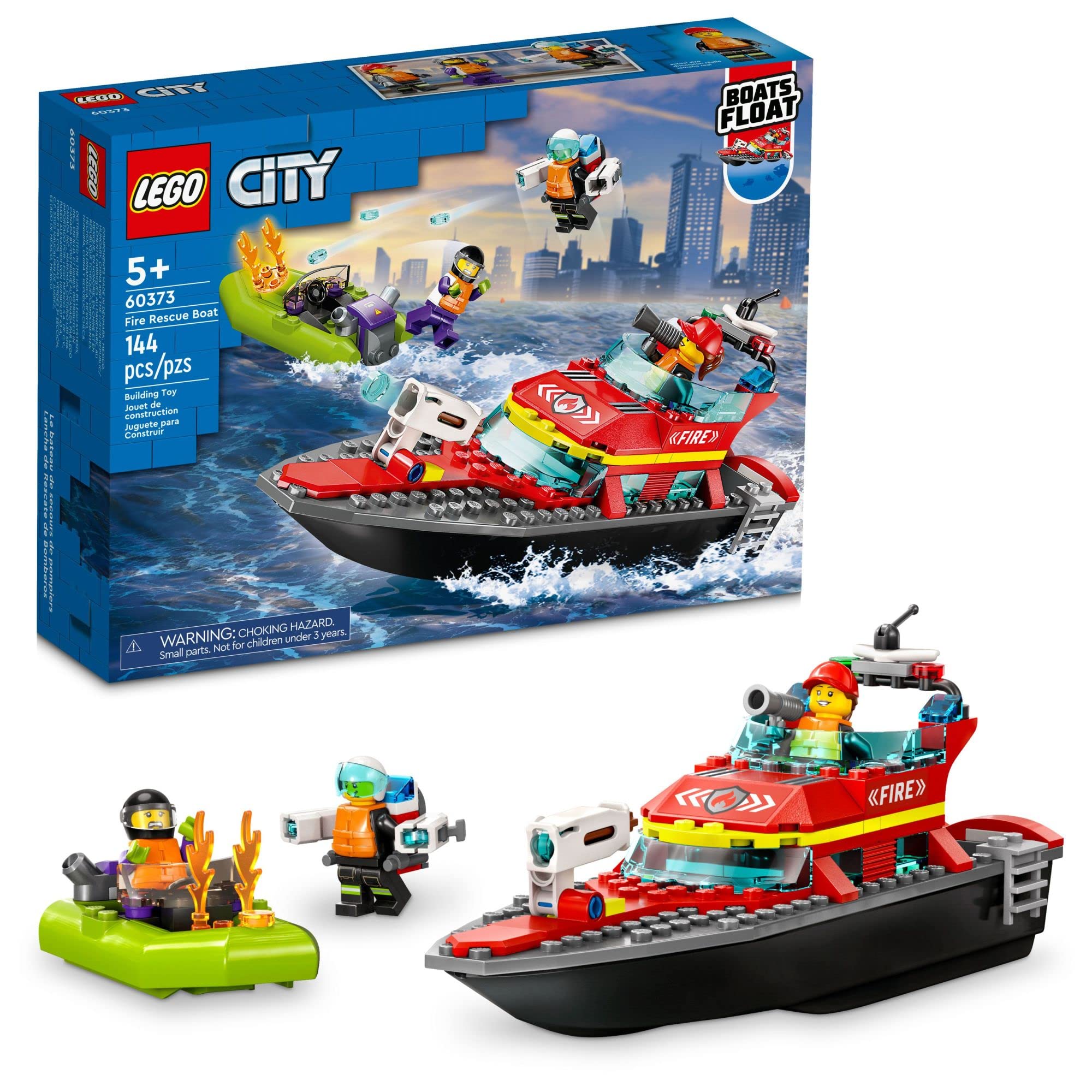 LEGO City Fire Rescue Boat 60373, Toy Floats on Water, with Jetpack, Dinghy and 3 Minifigures, Everyday Hero Toys for Kids, Boys and Girls Ages 5+