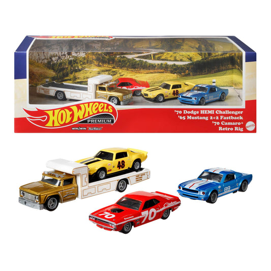 Hot Wheels Premium Collector Set Includes 70 Dodge Challenger Hemi, 65 Mustang 2+2 Fastback, 70 Camaro and Retro Rig