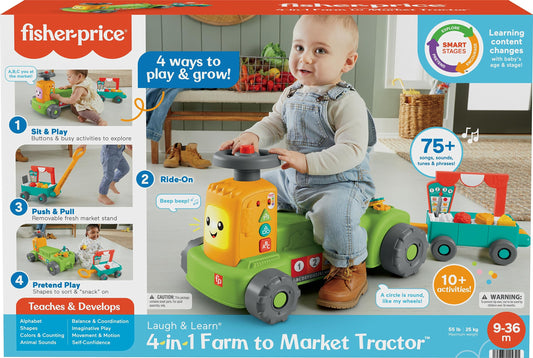 Fisher-Price Laugh & Learn Baby to Toddler Toy, 4-in-1 Farm to Market Tractor Ride On with Pull Wagon & Smart Stages for Ages 9+ Months