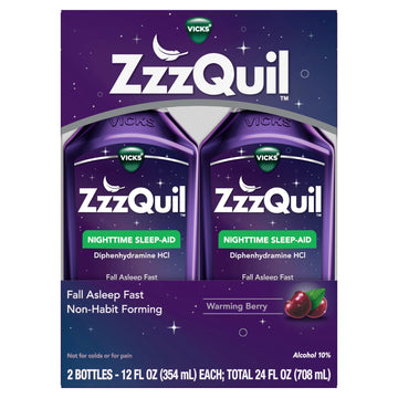 ZzzQuil, Sleep Aid, Nighttime Sleep Aid Liquid, 50 mg Diphenhydramine HCl, Fall Asleep Fast, Non-Habit Forming, Warming Berry Flavor, 12 FL OZ x 2 (Twin Pack)