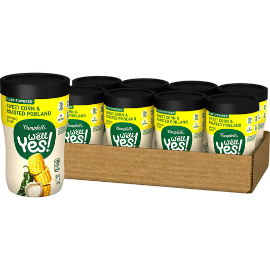 Campbell's Well Yes! Sipping Soup, Sweet Corn and Roasted Poblano Soup, Vegetarian Soup, 11.1 Oz Microwavable Cup (Case of 8)