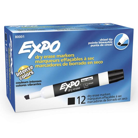 EXPO Low Odor Dry Erase Markers, Chisel Tip, Black, 12 Count