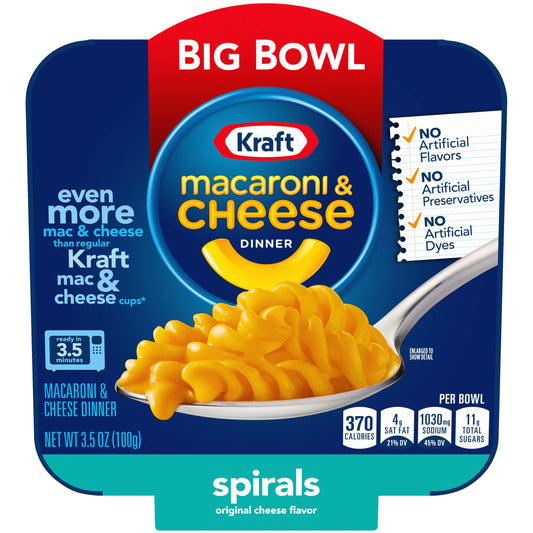 Kraft Spirals Original Macaroni and Cheese Easy Microwavable Big Bowl Dinner (6 ct Pack, 3.5 oz Bowls)