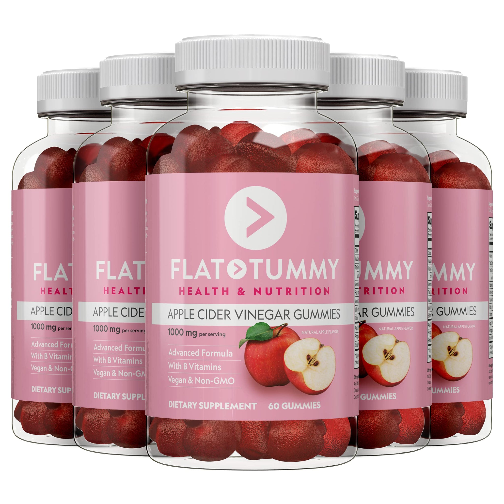 Flat Tummy Apple Cider Vinegar Gummies, 60 Count-Boost Energy, Detox, Support Gut Health & Healthy Metabolism – Vegan, Non-GMO ACV Gummies - Made with Apples, Beetroot, Vitamins B9 & B12 - Pack of 5