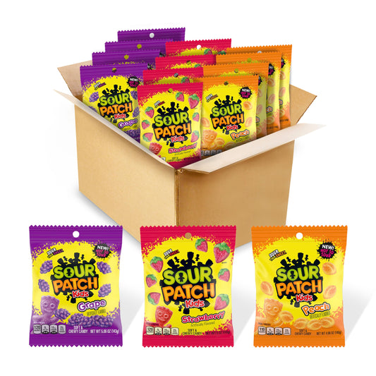 SOUR PATCH KIDS Fruit Flavors Soft & Chewy Candy Variety Pack, Peach, Grape, Strawberry, 12 Bags