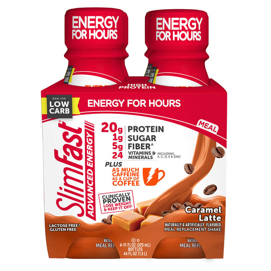 SlimFast Advanced Energy High Protein Meal Replacement Shake, Caramel Latte, 20g of Ready to Drink Protein with Caffeine, 11 Fl. Oz Bottle, 4 Count