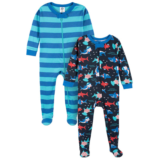 Gerber Baby Boy's 2-Pack Footed Pajamas, Blue Sharks, 0-3 Months