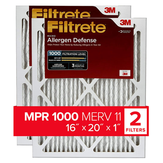 Filtrete 16x20x1 Air Filter, MPR 1000, MERV 11, Micro Allergen Defense 3-Month Pleated 1-Inch Air Filters, 2 Filters