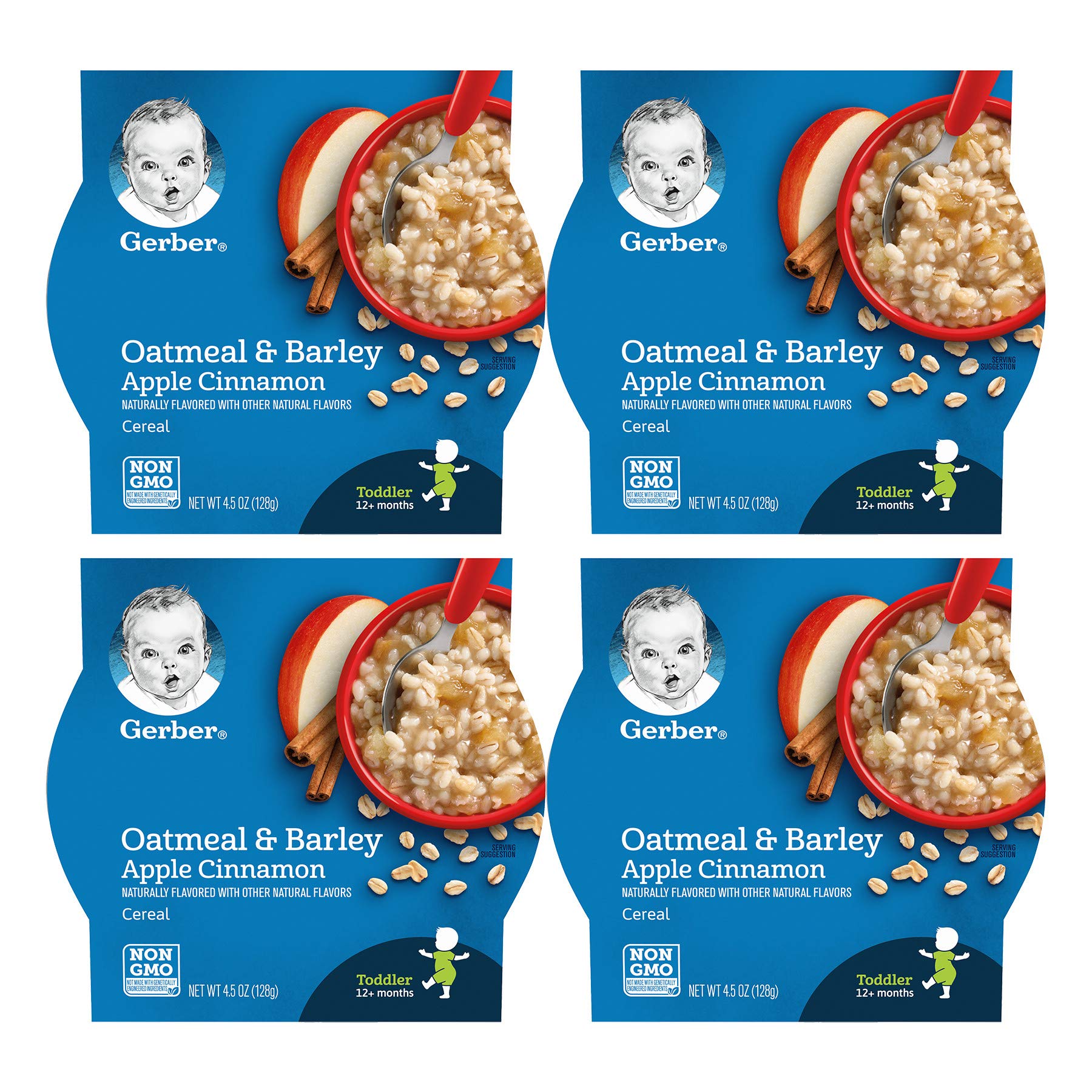 Gerber Breakfast Buddies Toddler Cereal, Oatmeal & Barley Apple Cinnamon Cereal, Non-GMO Whole Grain Oats & Real Fruit, Made for Toddlers, 4.5 OZ Tray (Pack of 4)