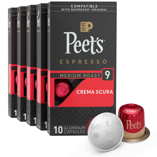 Peet's Coffee, Medium Roast Espresso Pods Compatible with Nespresso Original Machine, Crema Scura Intensity 9, 50 Count (5 Boxes of 10 Espresso Capsules)