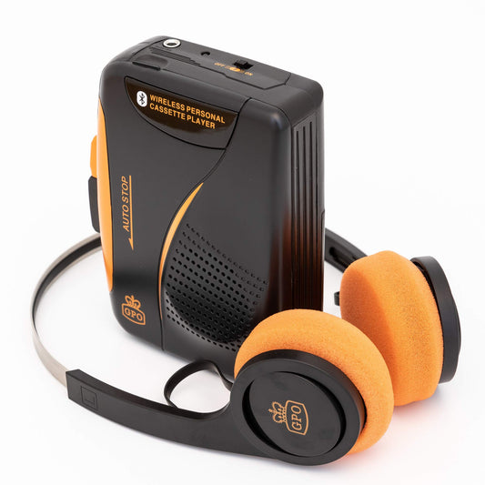 GPO W/938B/BT Personal Cassette Player Recorder Bluetooth WirelessWith Built-in Speaker Includes Bluetooth Headphones (Black/Orange)