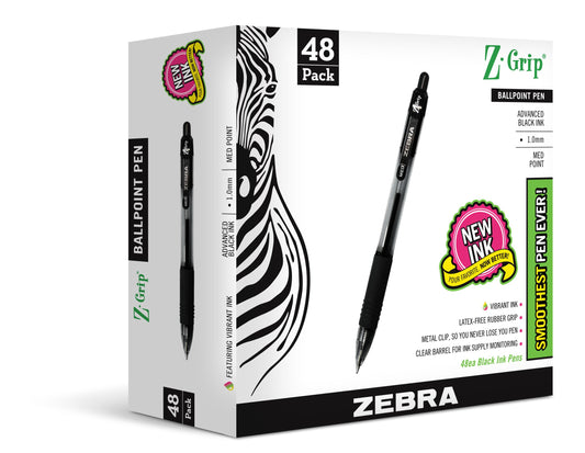 Zebra Pen Z-Grip Retractable Ballpoint Pen, Medium Point, 1.0mm, Black Ink, - 48 Pieces, Model Number: 22148