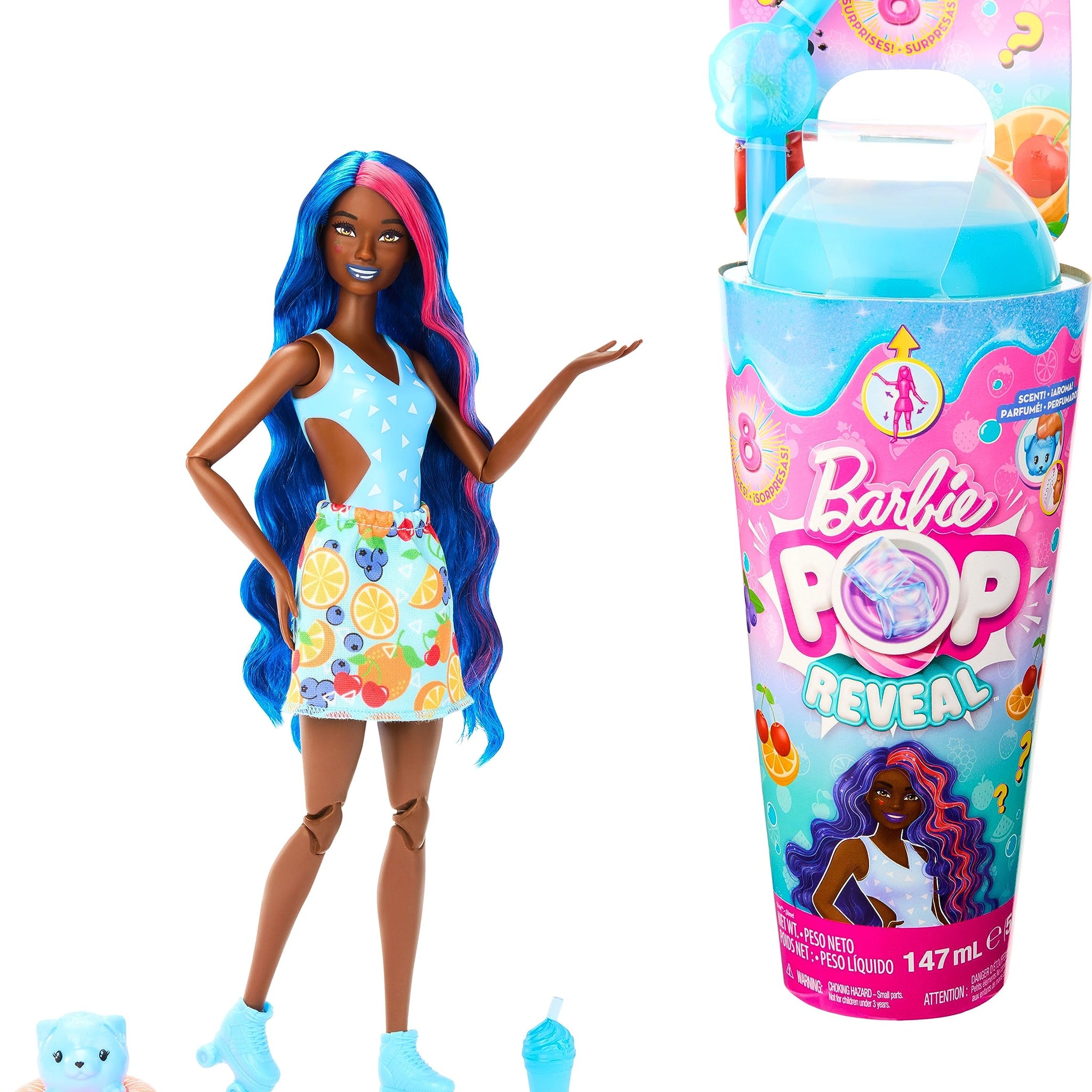 Barbie Pop Reveal Fruit Series Doll, Fruit Punch Theme with 8 Surprises Including Pet & Accessories, Slime, Scent & Color Change