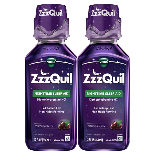 ZzzQuil, Sleep Aid, Nighttime Sleep Aid Liquid, 50 mg Diphenhydramine HCl, Fall Asleep Fast, Non-Habit Forming, Warming Berry Flavor, 12 FL OZ x 2 (Twin Pack)