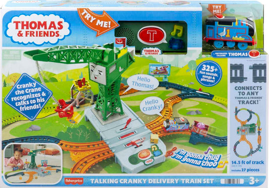 Thomas & Friends Motorized Train Set, Talking Cranky Delivery Set, Talking Crane & Battery Powered Toy Train with Songs & Sounds Medium