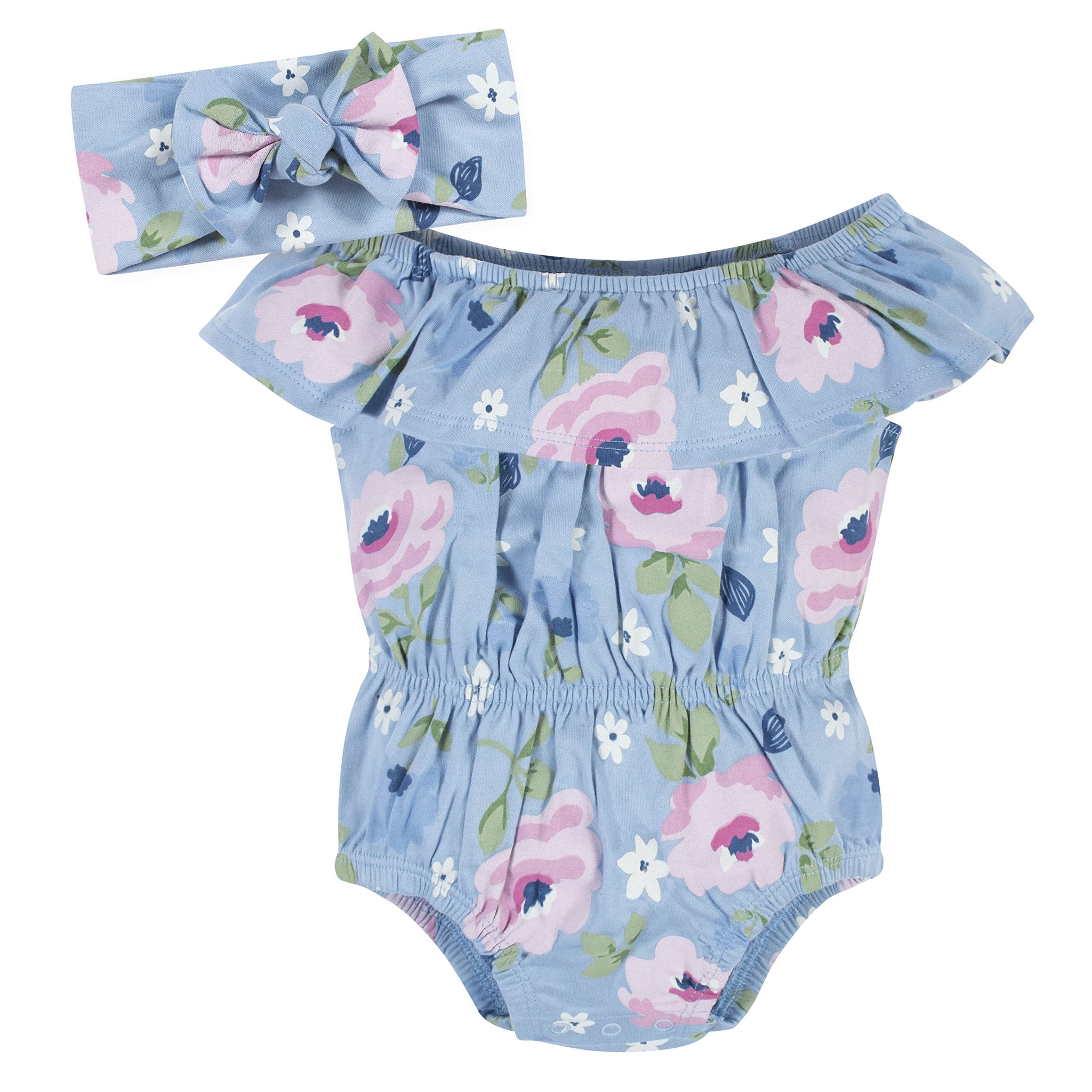 Gerber Baby Girls 2-Piece Wide Neck Romper & Headband Set, Blue Rose, 3-6 Months