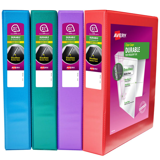 Avery Durable View Binder Multipack, 1.5 Inch 3 Ring Binder, Assorted Colors, 4 Pack (05687)