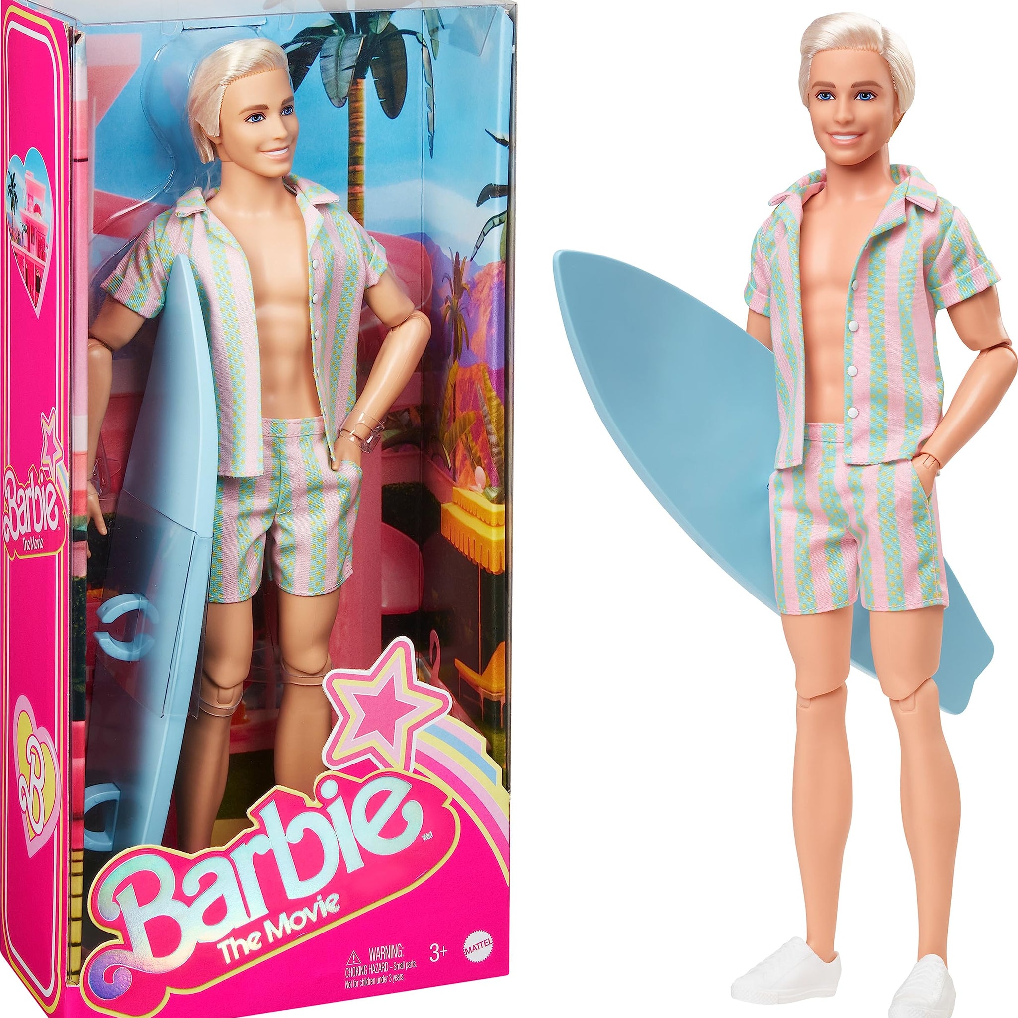 Barbie The Movie Ken Doll Wearing Pastel Pink and Green Striped Beach Matching Set with Surfboard and White Sneakers