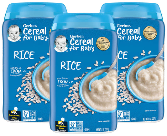 Gerber Cereal for Baby 1st Foods Rice Cereal, Non-GMO, Gluten Free & No Artificial Flavors or Colors, Made with Essential Nutrients, 8-Ounce Canister (Pack of 3)