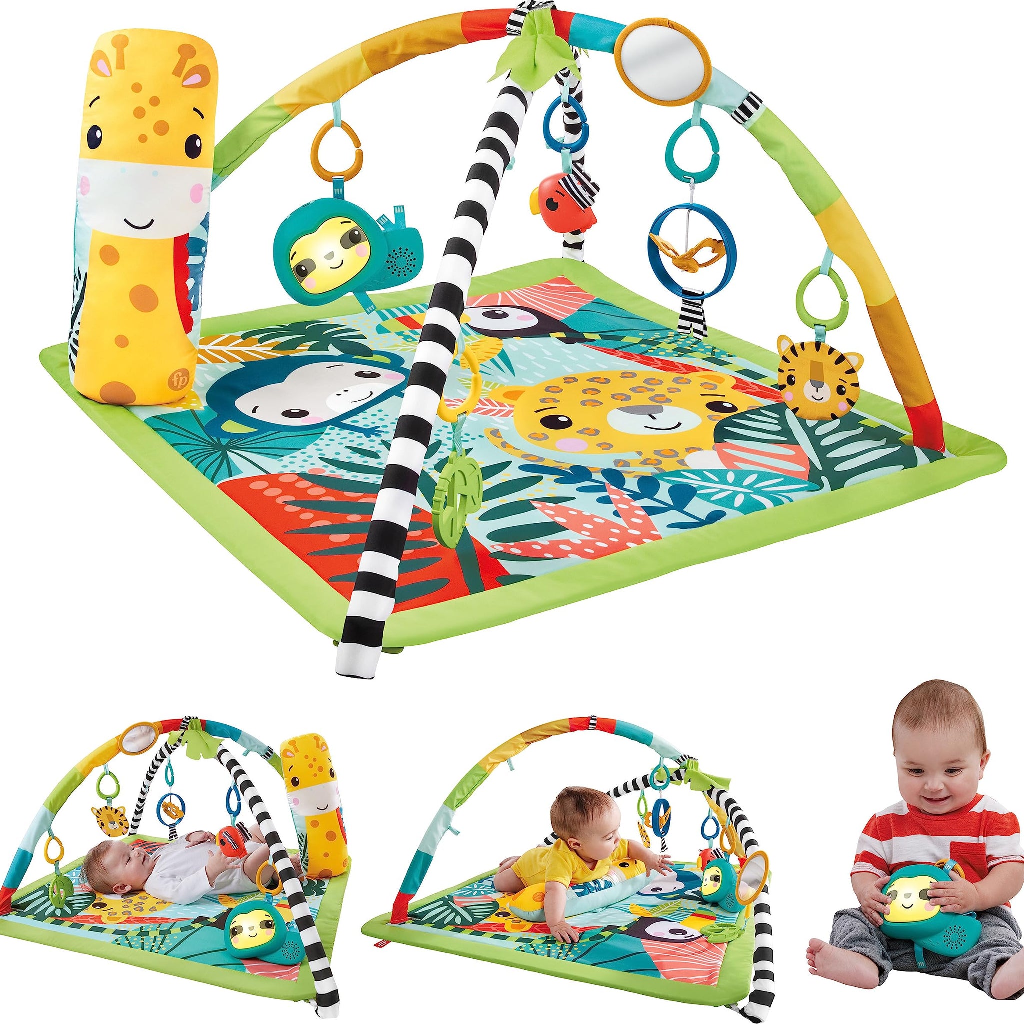 Fisher-Price Baby Newborn To Toddler Playmat 3-In-1 Rainforest Sensory Gym with Tummy Wedge,5 Baby Toys and Music & Lights Sloth