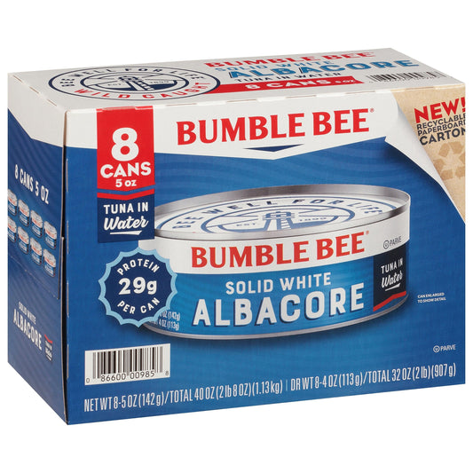 Bumble Bee Solid White Albacore Tuna in Water 5 oz Can (Pack of 8) - Wild Caught Tuna - 29g Protein per Serving - Non-GMO Project Verified Gluten Free Kosher - Great for Tuna Salad & Recipes