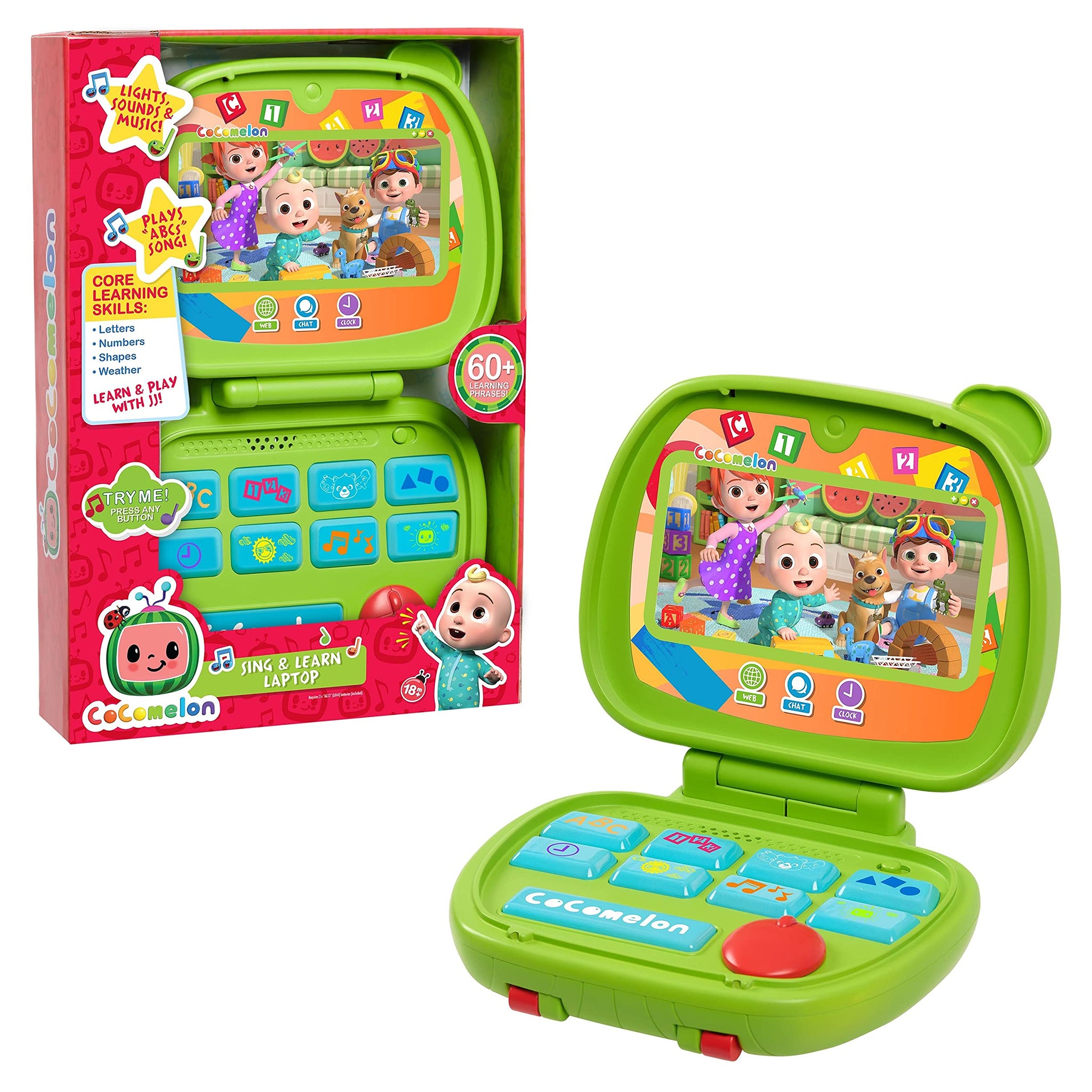 CoComelon Sing and Learn Laptop Toy for Kids, Lights, Sounds, and Music Encourages Letter, Number, Shape, and Animal Recognition, Kids Toys for Ages 18 Month, Green